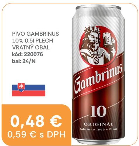 PIVO GAMBRINUS 10% 0.5l PLECH VRATNÝ OBAL